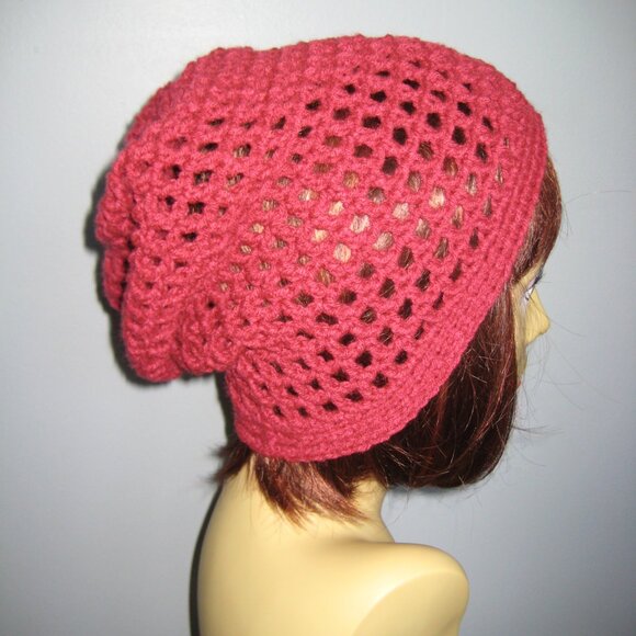 Burgundy Hand knit / Crochet Mesh Style Lightweight Winter Beanie Unisex - NEW - Picture 3 of 6